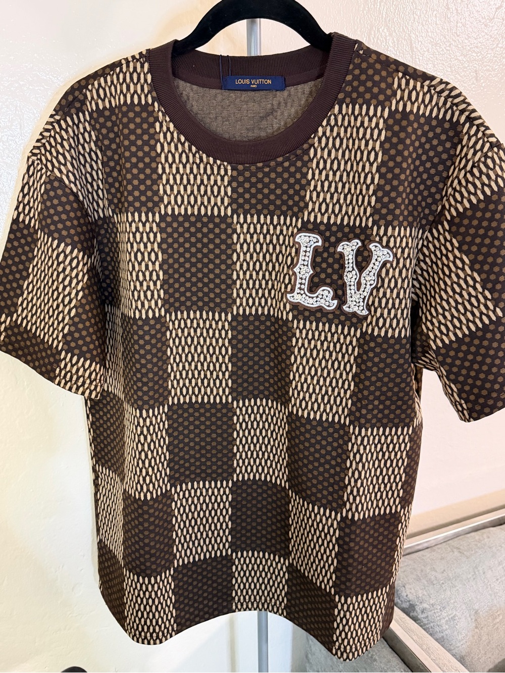 Men's Brown Patterned Crewneck Sweater with Embroidered